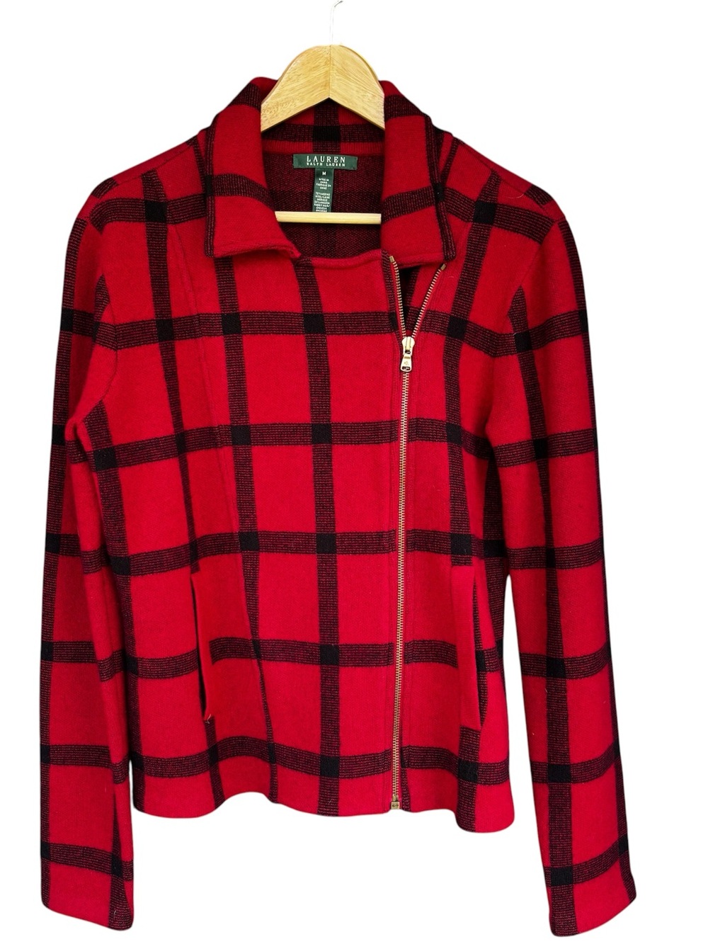 Lauren Ralph Lauren Women's Red Plaid Wool Mohair Moto Jacket Sweater Size M